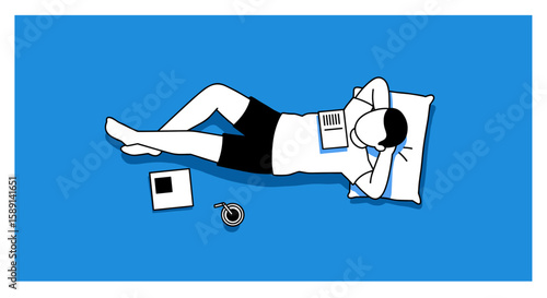 Relaxed man napping with book on blue background in minimalist style