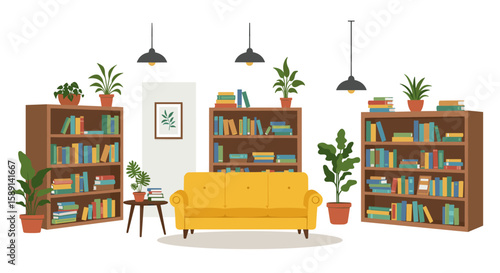 Cozy living room with yellow sofa and bookshelves featuring indoor plants