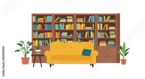Cozy living room with bookshelves and plants for a relaxed reading space