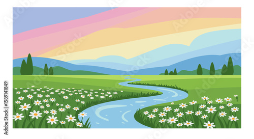 Vibrant landscape with rolling hills and river under a multicolored sky