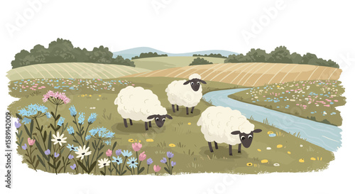 Pastoral scene with sheep grazing in a flowered meadow by a stream