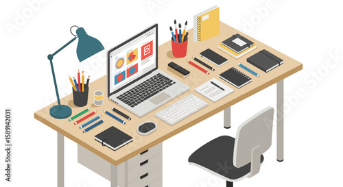 Modern office workspace with laptop and stationery in isometric design