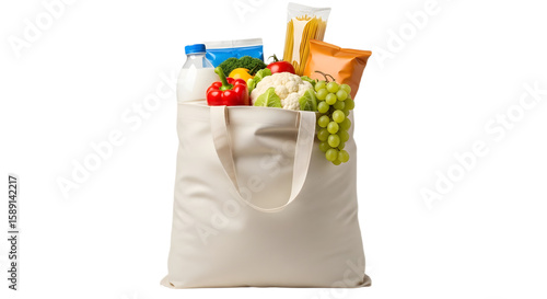 Creamy white tote bag overflowing with fresh groceries and packaged goods.