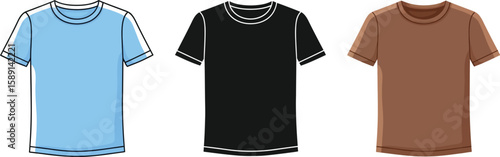 Three stylish t-shirts in blue, black, and brown are displayed, showcasing casual apparel and fashion essentials for everyday wear, perfect for clothing design and retail concepts.