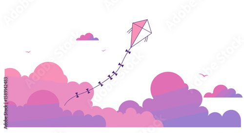 Serene gradient kite flying in pastel sky with soft clouds and birds
