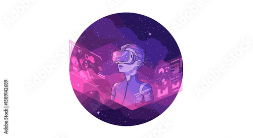 Futuristic virtual reality concept with starry background and data elements
