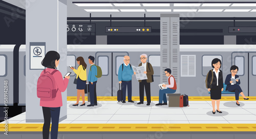 Commuters in a busy subway station with diverse people awaiting train
