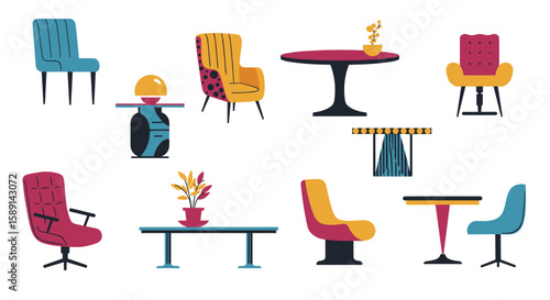 Mid-century modern furniture collection with chairs, tables, and decor elements