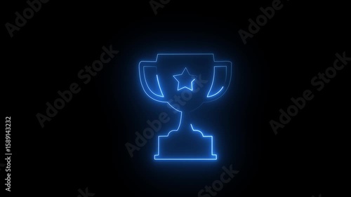 Glowing neon line Award cup icon isolated on black background. Winner trophy symbol. Championship or competition trophy. Sports achievement sign. 4K Video motion graphic animation.