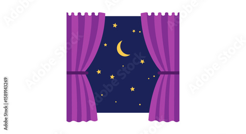 Night sky view through window with purple curtains and moonlight