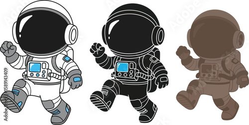 Three cartoon astronauts in spacesuits are depicted in a playful manner, showcasing a white outlined version, a black silhouette, and a brown shaded variant for creative projects.