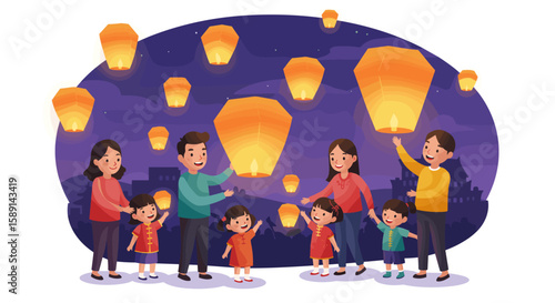 Joyful family releasing lanterns at night festival in a cartoon landscape