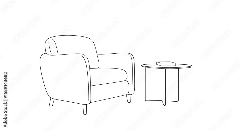 Fototapeta premium Minimalist line drawing of armchair and coffee table in modern interior design