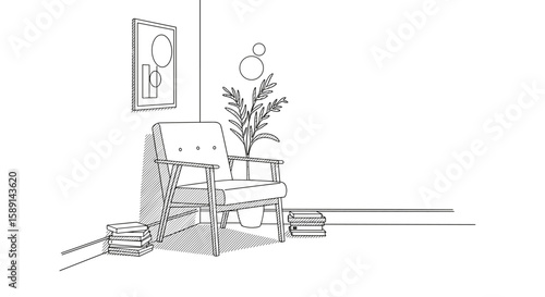 Cozy minimalist living room with modern armchair and indoor plant