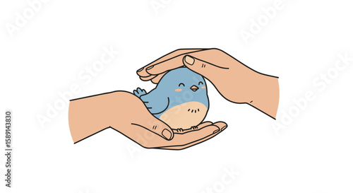 Gentle hands cradling a bluebird in minimalist cartoon style