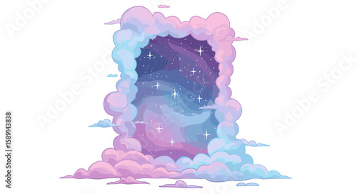 Dreamy cloud portal with starry night sky in pastel colors