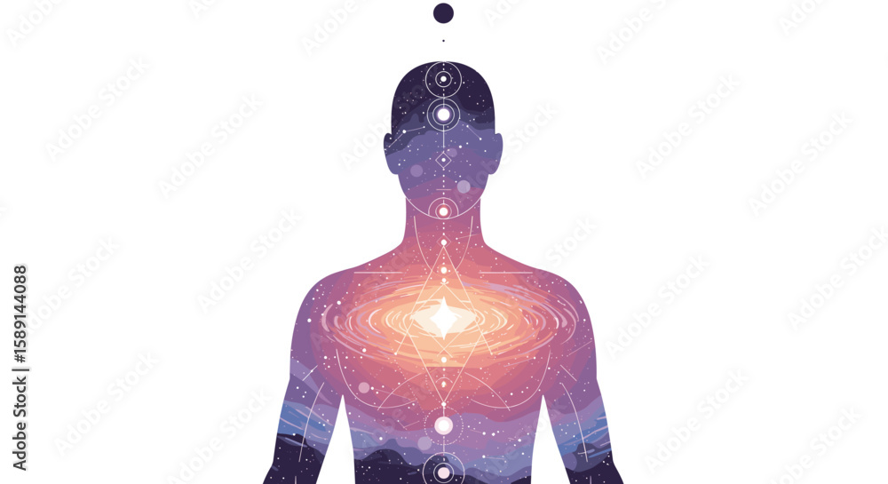 Obraz premium Cosmic meditation silhouette with galaxy and chakra alignment on white background