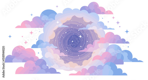 Dreamy pastel cloudscape with starry spiral vortex in soft gradient colors