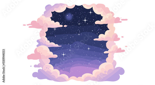 Dreamy night sky with stars and pink clouds in cartoon style