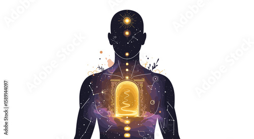 Cosmic human silhouette with celestial and astral elements in mystical design