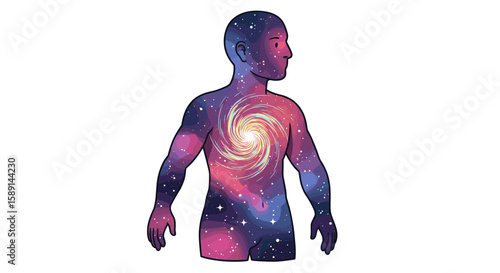 Cosmic galaxy silhouette of human figure with spiral at center