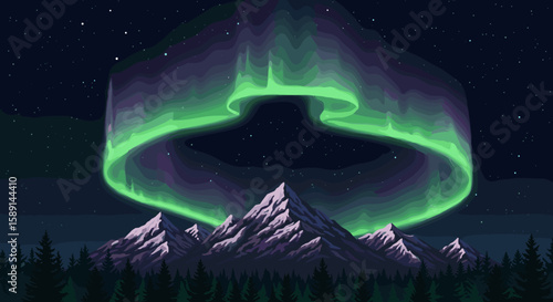 Mesmerizing northern lights over snow-capped mountains at night