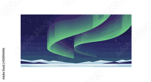 Aurora borealis over arctic landscape with stars and snowy peaks in night sky