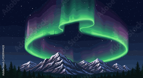 Mesmerizing northern lights over snow-capped mountains in night sky