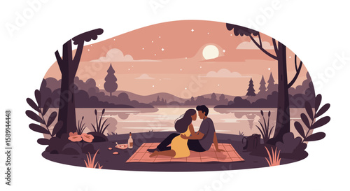 Romantic sunset picnic by the lake with couple under starry sky