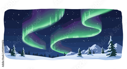 Northern lights dance over snowy landscape at night