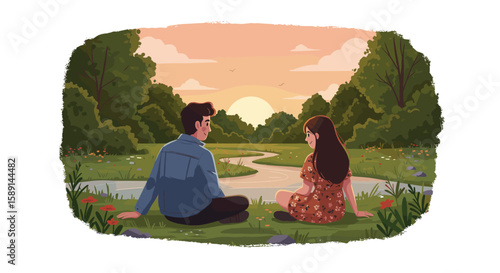 Couple relaxing by a scenic river at sunset in nature