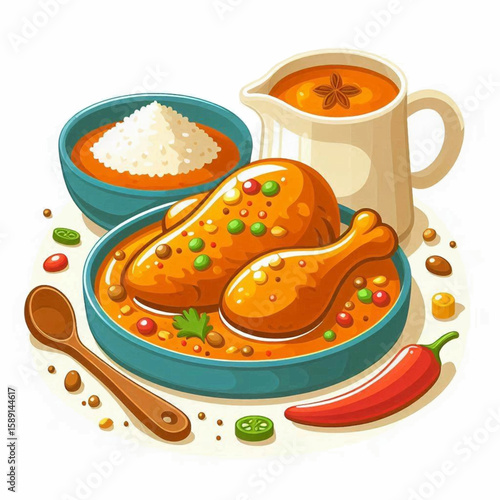 Cartoonish depiction of chicken curry with rice chili  gravy in vibrant illustration style