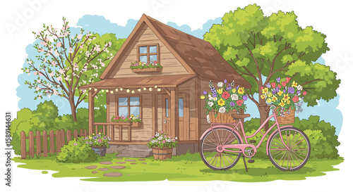 Charming spring cottage with blossoming garden and vintage bicycle