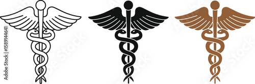 Three Caduceus symbols in line art, black, and brown offer a visual representation of medicine and healthcare, ideal for medical illustrations, logos, and health-related designs.
