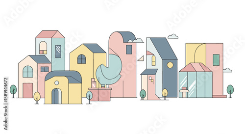 Colorful flat cityscape with abstract geometric buildings and trees