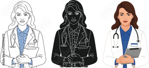 Three versions of a female doctor are presented, showcasing a line art version, a silhouette, and a fully colored illustration, each holding a clipboard and wearing a lab coat.