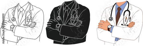 Doctor's coat illustration showcases three variations, including a line drawing, a silhouette, and a fully colored version, highlighting medical attire and professional healthcare.