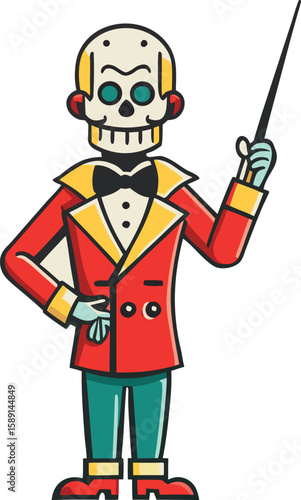 Cartoon skeleton presenter in red suit holding pointer costume