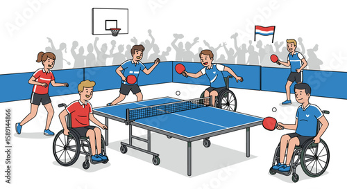 Wheelchair table tennis game in action with enthusiastic crowd