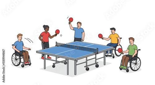 Inclusive table tennis match featuring players in wheelchairs in a vibrant cartoon style