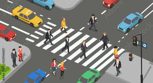 Isometric city crosswalk scene with pedestrians and vehicles