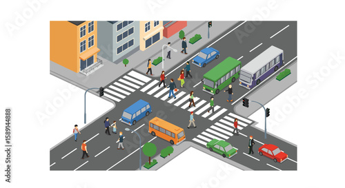 Isometric city intersection with pedestrians and vehicles in urban setting