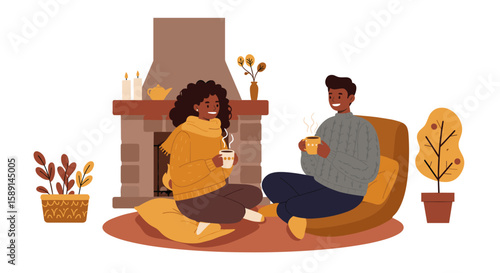 Cozy autumn gathering by the fireplace with hot beverages and warm sweaters