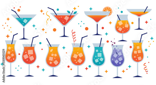 Colorful cocktail glasses collection in flat design with decorative elements