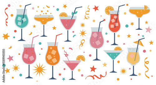 Colorful cocktail glasses with garnishes and festive decorations in flat style