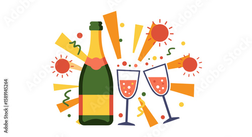 Celebratory champagne bottle with festive glasses in a flat design