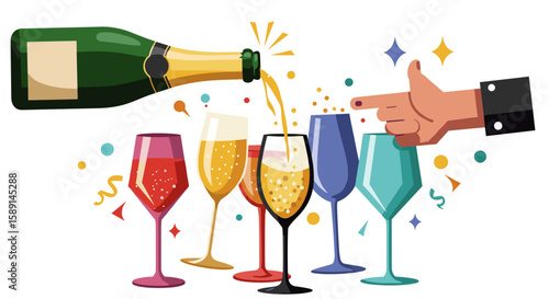 Vibrant celebration with champagne pouring into colorful glasses