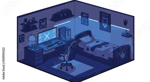 Dark themed isometric gamer bedroom with neon accents
