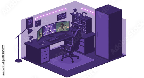 Isometric gaming setup with neon lights in a modern purple room