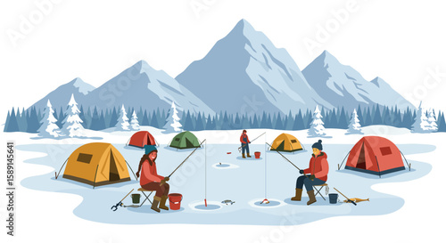 Ice fishing adventure in winter mountain landscape with colorful tents and snowy peaks